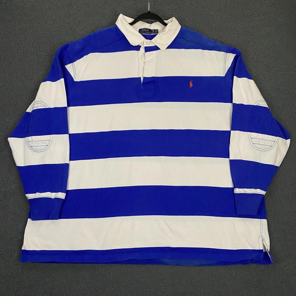 Polo Ralph Lauren Rugby‎ Shirt Mens 4XB Blue White Wide Stripe Pony Long Sleeve